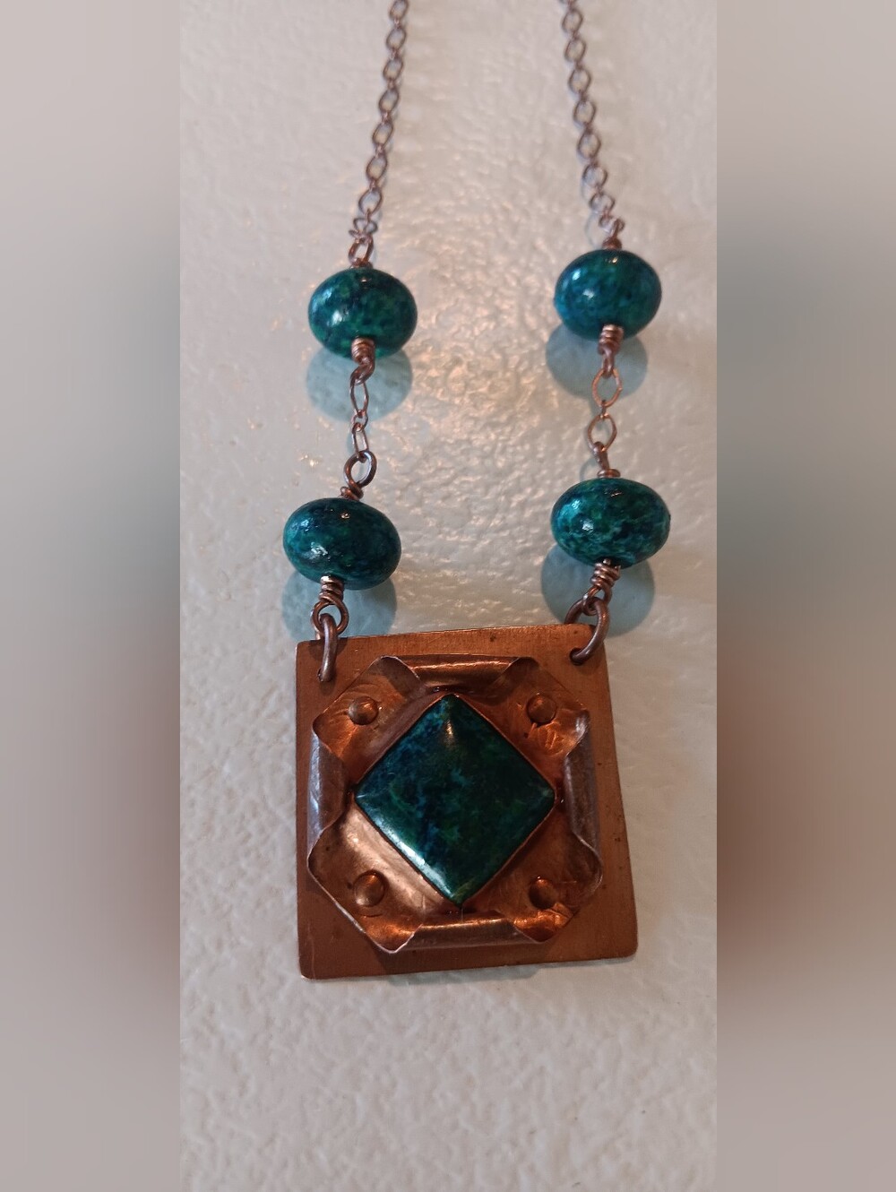 Artisan-crafted copper blue-green chrysocolla gemstone statement necklace MCM